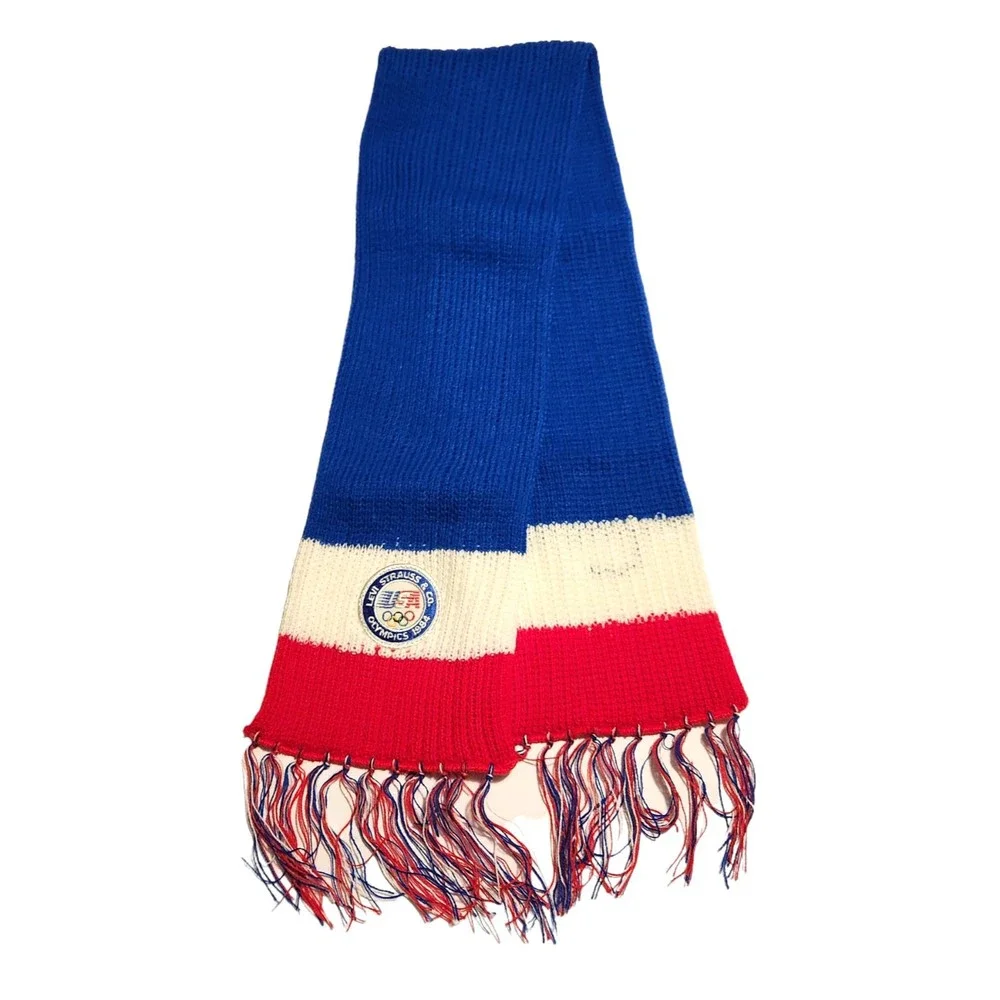 Vintage Levi Strauss & Co. Knit Fringe Scarf Red White Blue Olympics 1984